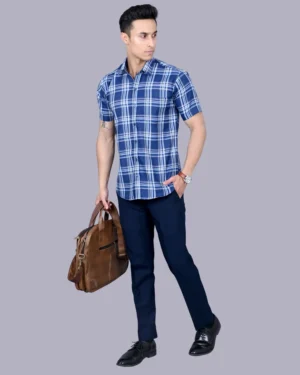 Blue Colour Half Sleeve Men Check Shirt