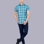 Green Colour Half Sleeve Men Check Shirt