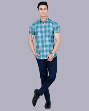 Green Colour Half Sleeve Men Check Shirt