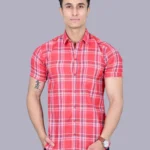 Pink Colour Half Sleeve Men Check Shirt