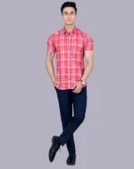 Pink Colour Half Sleeve Men Check Shirt