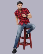 Red Colour Half Sleeve Men Check Shirt Blacklilly