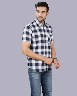 White Colour Half Sleeve Men Check Shirt